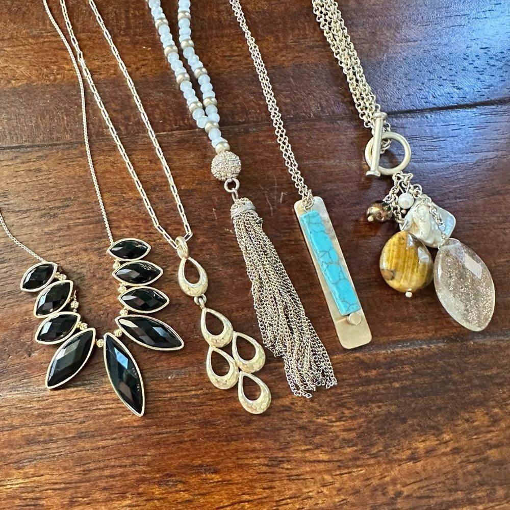 Long Gold Tone Pendant Tassel Necklace lot bundle